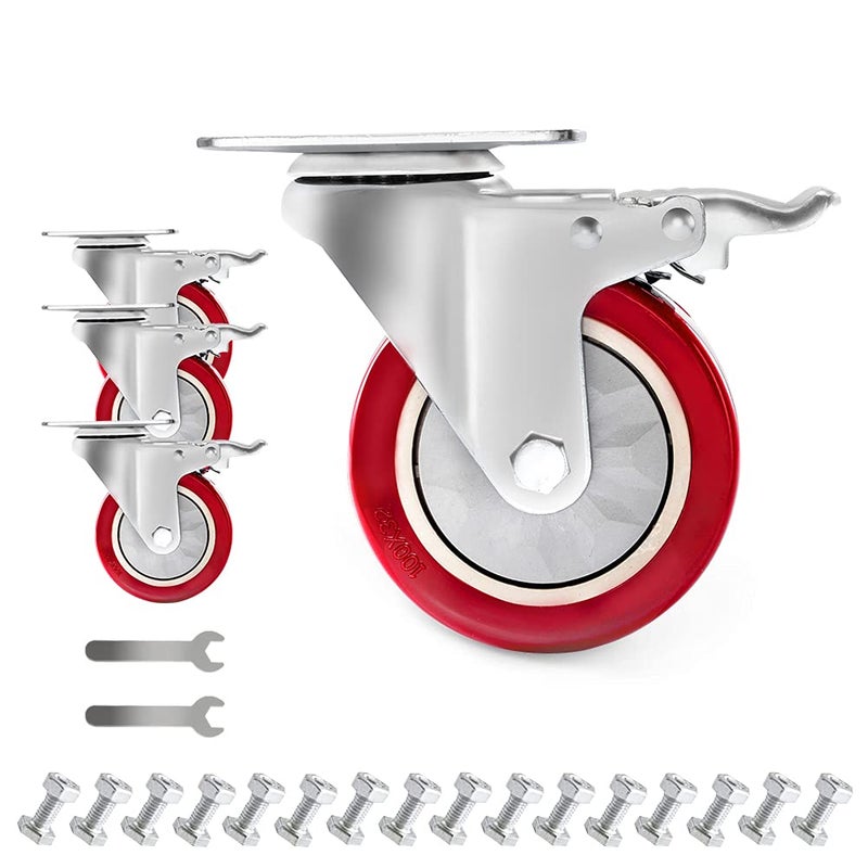 D&L 4 Inch Plate Swivel Castors Wheels 1800lbs Heavy Duty Castors with Brake Polyurethane Dual Locking Casters Set of 4 Red DL-I4-001 - Image 1